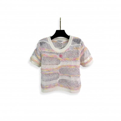 CHANEL PINK RIBBED KNIT SWEATER SHORT SLEEVE 